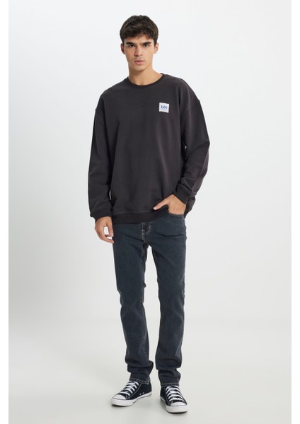 Relaxed Fit Geniş Kesim %100 Pamuk Bisiklet Yaka Şardonlu Antrasit Sweatshirt