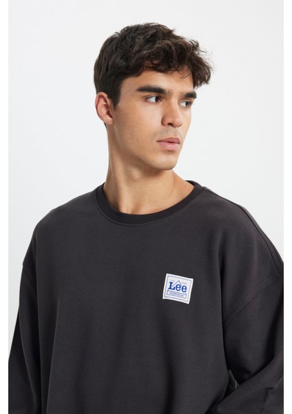 Relaxed Fit Geniş Kesim %100 Pamuk Bisiklet Yaka Şardonlu Antrasit Sweatshirt