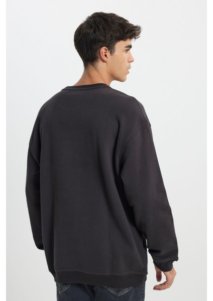 Relaxed Fit Geniş Kesim %100 Pamuk Bisiklet Yaka Şardonlu Antrasit Sweatshirt
