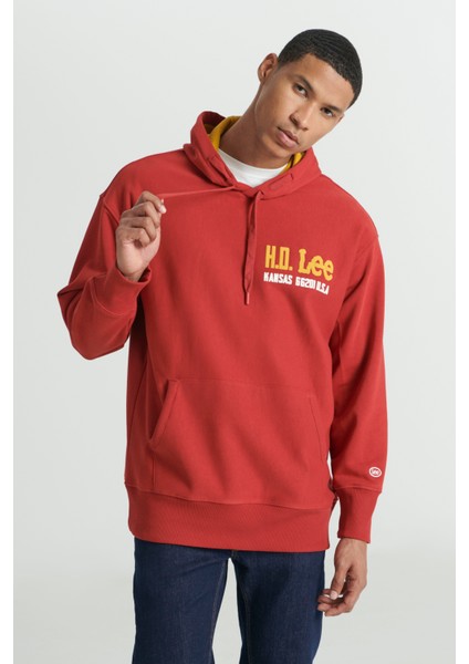 Loose Fit Rahat Kesim Kapüşonlu Şardonlu Kırmızı Sweatshirt