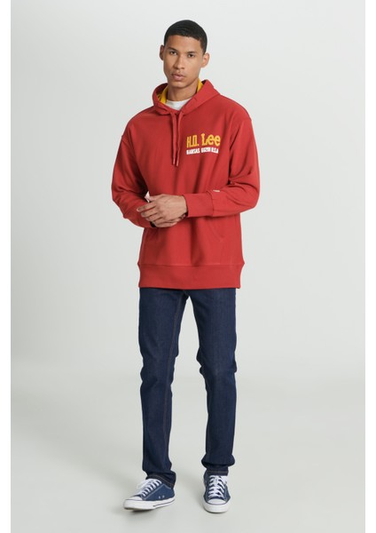 Loose Fit Rahat Kesim Kapüşonlu Şardonlu Kırmızı Sweatshirt