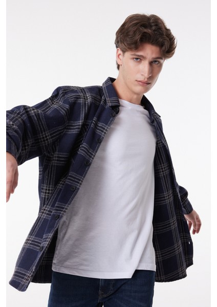 Loose Fit Rahat Kesim Ekose Lacivert Uzun Kollu Gömlek