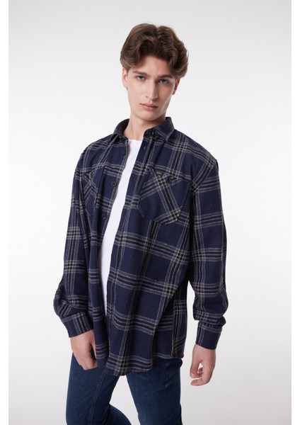 Loose Fit Rahat Kesim Ekose Lacivert Uzun Kollu Gömlek fiyatları