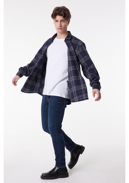 Loose Fit Rahat Kesim Ekose Lacivert Uzun Kollu Gömlek modelleri