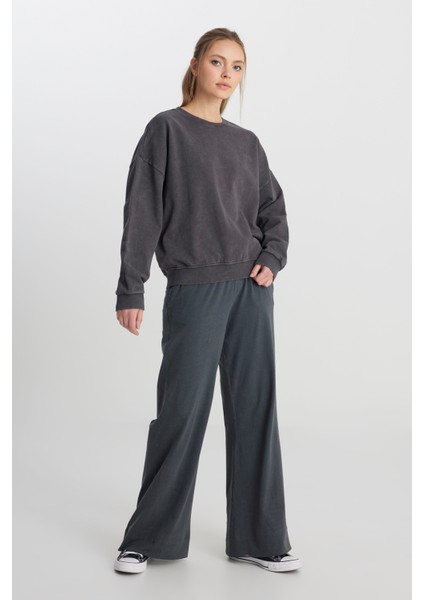 Relaxed Fit Geniş Kesim Bisiklet Yaka %100 Pamuk Antrasit Sweatshirt modelleri