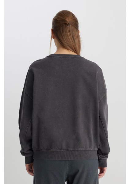 Relaxed Fit Geniş Kesim Bisiklet Yaka %100 Pamuk Antrasit Sweatshirt indirimleri