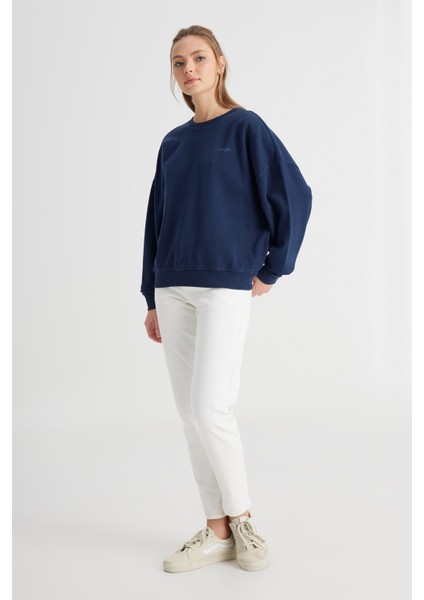 Relaxed Fit Geniş Kesim Bisiklet Yaka %100 Pamuk Lacivert Sweatshirt modelleri