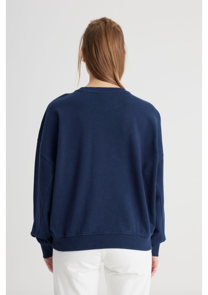Relaxed Fit Geniş Kesim Bisiklet Yaka %100 Pamuk Lacivert Sweatshirt indirimleri