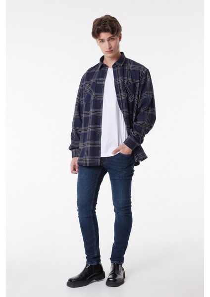 Loose Fit Rahat Kesim Ekose Lacivert Uzun Kollu Gömlek fırsatları