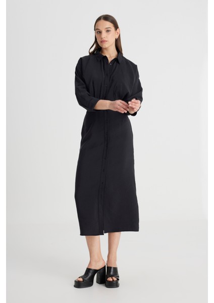 Loose Fit Rahat Kesim Siyah Gömlek Elbise