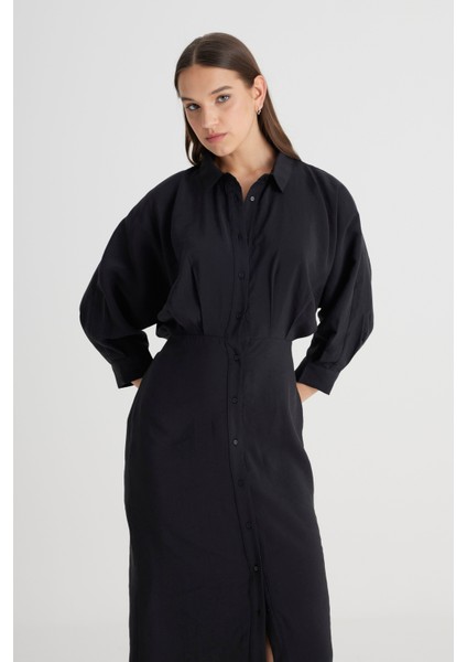 Loose Fit Rahat Kesim Siyah Gömlek Elbise