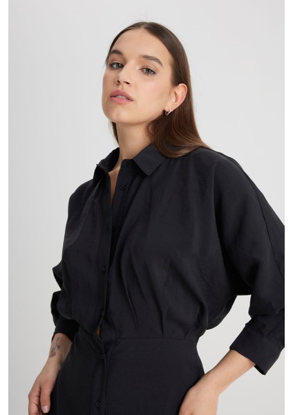 Loose Fit Rahat Kesim Siyah Gömlek Elbise