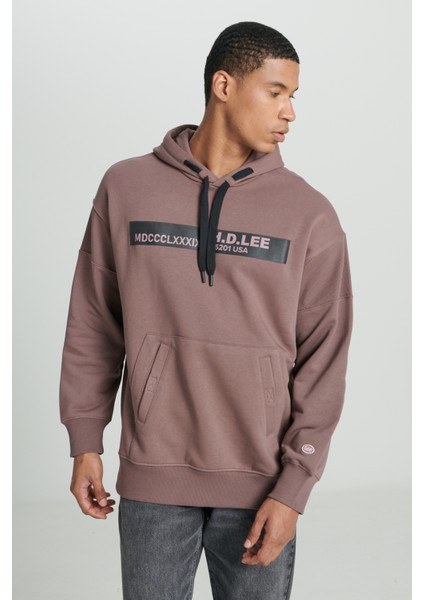 Loose Fit Rahat Kesim Kapüşonlu İçi Polarlı Sırt Baskılı Kahverengi Sweatshirt