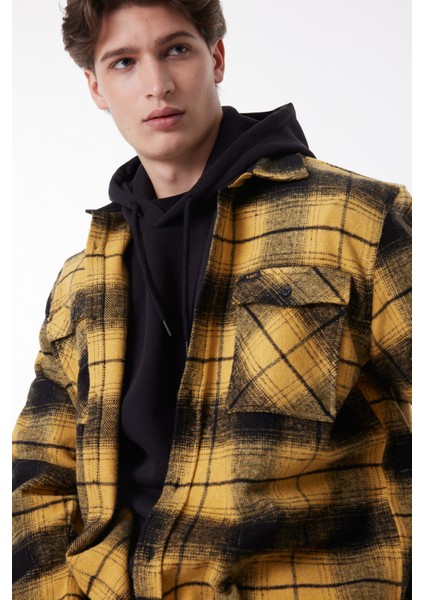 Loose Fit Rahat Kesim Ekose Hardal Siyah Şardonlu Uzun Kollu Gömlek