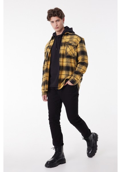 Loose Fit Rahat Kesim Ekose Hardal Siyah Şardonlu Uzun Kollu Gömlek modelleri