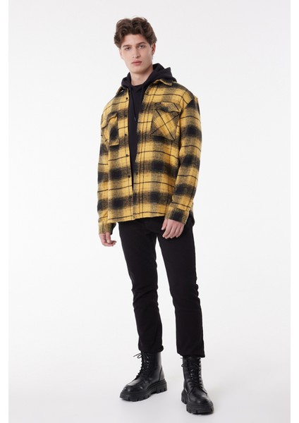 Loose Fit Rahat Kesim Ekose Hardal Siyah Şardonlu Uzun Kollu Gömlek