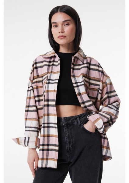 Oversize Fit Geniş Kesim Ekose Krem Pembe Şardonlu Uzun Kollu Gömlek