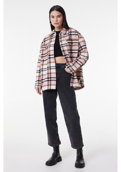Oversize Fit Geniş Kesim Ekose Krem Pembe Şardonlu Uzun Kollu Gömlek fiyatları