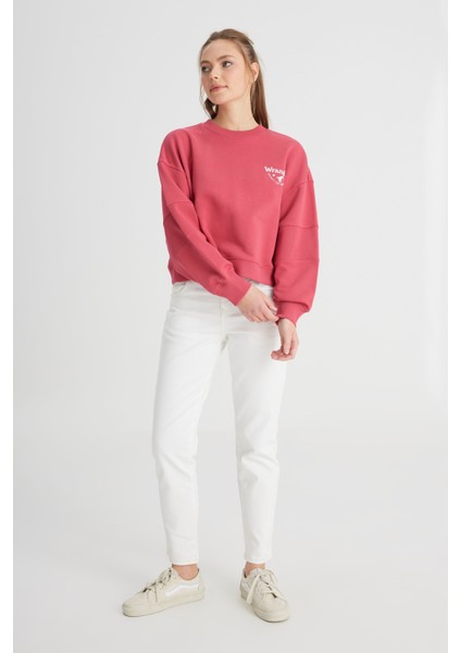 Relaxed Fit Geniş Kesim Bisiklet Yaka %100 Pamuk Bordo Sweatshirt modelleri
