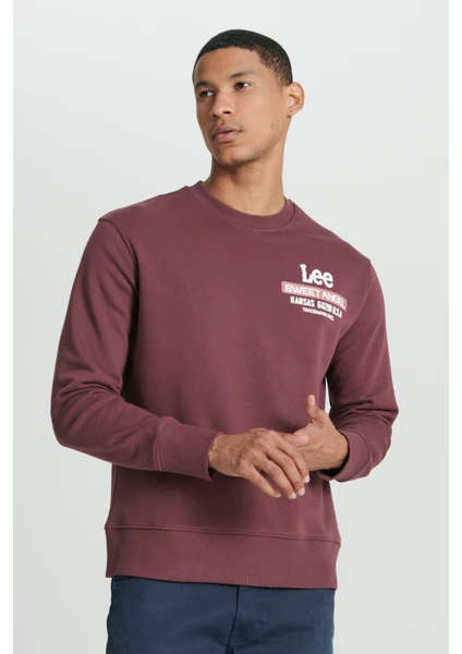 Regular Fit Normal Kesim Bisiklet Yaka Şardonlu Bordo Sweatshirt