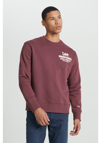 Regular Fit Normal Kesim Bisiklet Yaka Şardonlu Bordo Sweatshirt