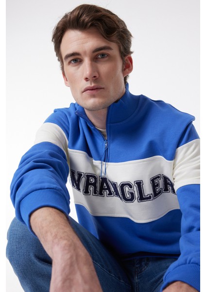 Regular Fit Normal Kesim %100 Pamuk İçi Polarlı Dik Yaka Mavi Sweatshirt