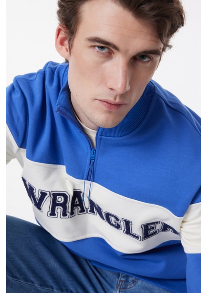 Regular Fit Normal Kesim %100 Pamuk İçi Polarlı Dik Yaka Mavi Sweatshirt