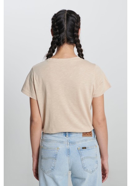 Regular Fit Normal Kesim Bisiklet Yaka Bej Tişört