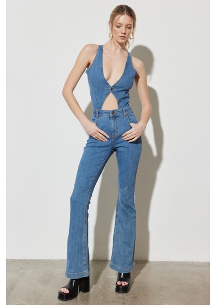 Regular Fit Normal Kesim Normal Bel Geniş Paça Kolsuz Açık Mavi Esnek Jean Tulum