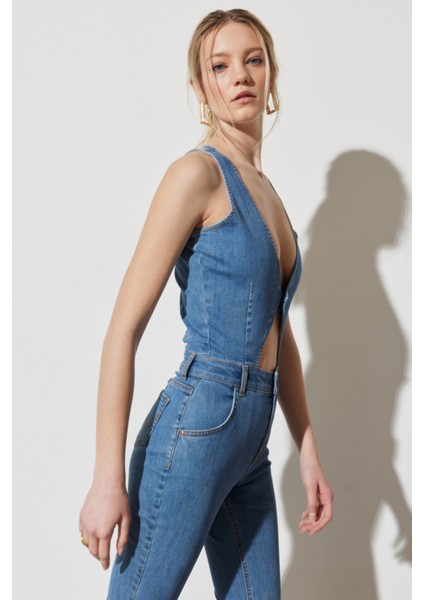Regular Fit Normal Kesim Normal Bel Geniş Paça Kolsuz Açık Mavi Esnek Jean Tulum