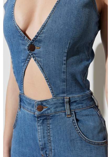 Regular Fit Normal Kesim Normal Bel Geniş Paça Kolsuz Açık Mavi Esnek Jean Tulum