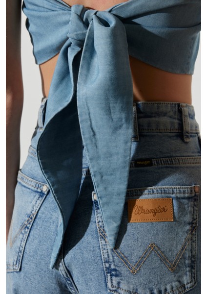 Regular Fit Normal Kesim Askılı Açık Mavi Jean Crop Bluz