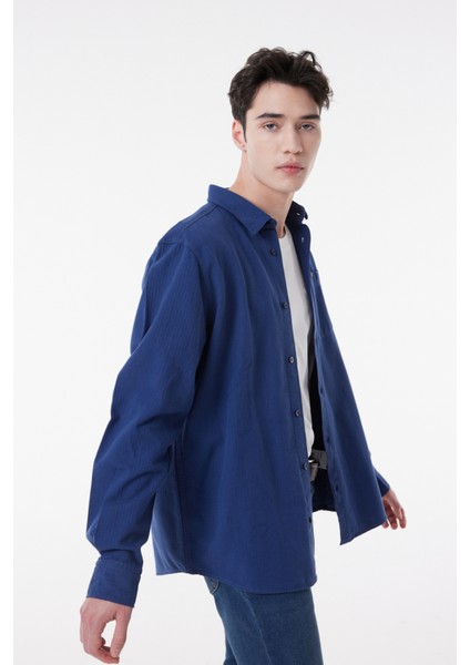 Regular Fit Normal Kesim %100 Pamuk Lacivert Uzun Kollu Gömlek