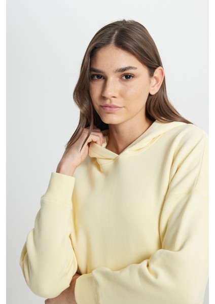 Loose Fit Rahat Kesim Kapüşonlu İçi Polarlı Sarı Sweatshirt indirimleri