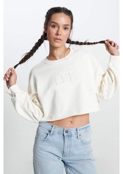 Bisiklet Yaka %100 Pamuk Ekru Crop Sweatshirt