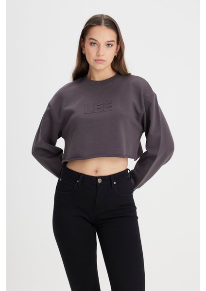 Bisiklet Yaka %100 Pamuk Siyah Crop Sweatshirt