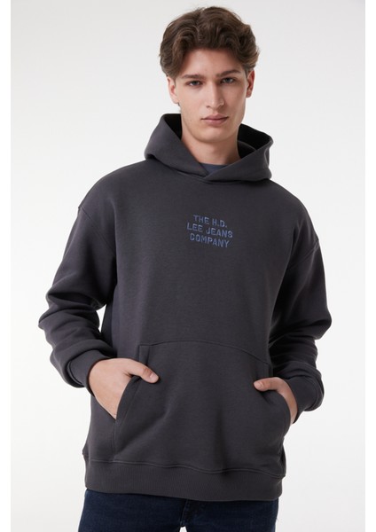 Relaxed Fit Geniş Kesim Kapüşonlu İçi Polarlı Sırt Baskılı Antrasit Sweatshirt