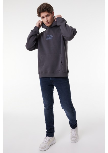 Relaxed Fit Geniş Kesim Kapüşonlu İçi Polarlı Sırt Baskılı Antrasit Sweatshirt