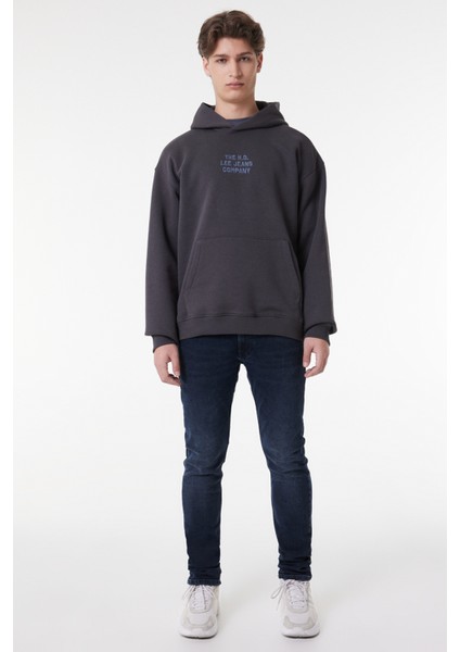 Relaxed Fit Geniş Kesim Kapüşonlu İçi Polarlı Sırt Baskılı Antrasit Sweatshirt