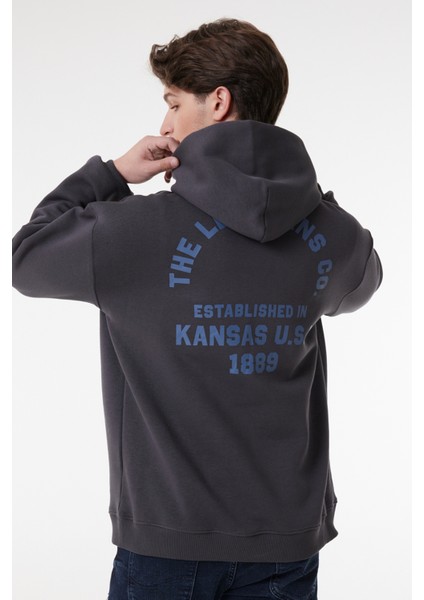 Relaxed Fit Geniş Kesim Kapüşonlu İçi Polarlı Sırt Baskılı Antrasit Sweatshirt