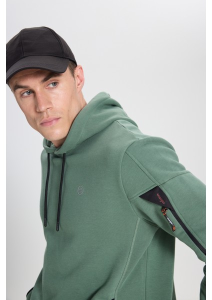 Regular Fit Normal Kesim Kapüşonlu Yeşil Sweatshirt