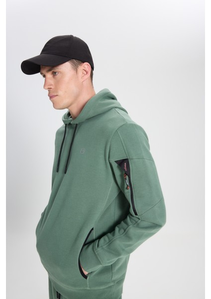 Regular Fit Normal Kesim Kapüşonlu Yeşil Sweatshirt