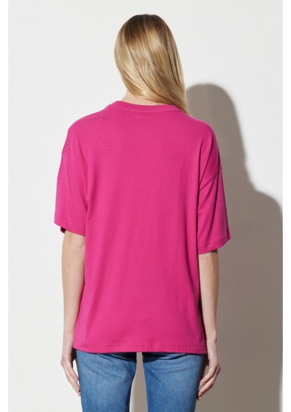 Oversize Fit Rahat Kesim %100 Pamuk Bisiklet Yaka Fuşya Tişört