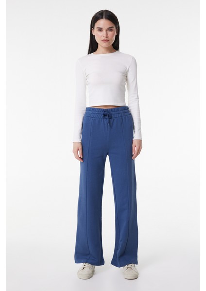 Loose Fit Rahat Kesim Normal Bel Geniş Paça Şardonlu Mavi Sweatpant