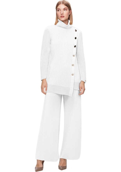 Ekru Kalın Fitilli Dik Yaka Triko Tunik T25K-6014