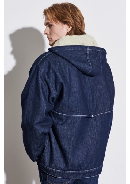 Regular Fit Normal Kesim %100 Pamuk Kapüşonlu Sherpa Jean Kot Ceket
