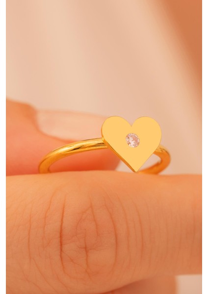 Kadın Gümüş Yüzük - El Işçiliği Altın Kaplama Kalp Motifli Zirkon Taşlı Kadın Yüzük