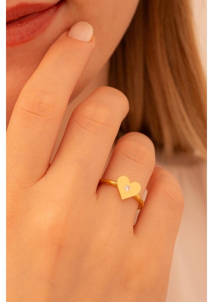 Kadın Gümüş Yüzük - El Işçiliği Altın Kaplama Kalp Motifli Zirkon Taşlı Kadın Yüzük fiyatları