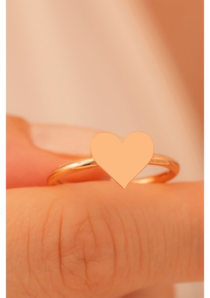 Kadın Gümüş Yüzük - El Işçiliği Rose Kaplama Kalp Motifli Ince Kadın Yüzük