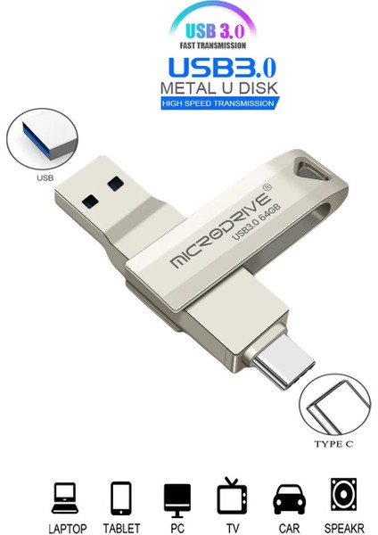 128 GB / 64 GB Type C ve USB Flash Bellek Otg Çift Giriş 3.0 2in1 (Microdrive)